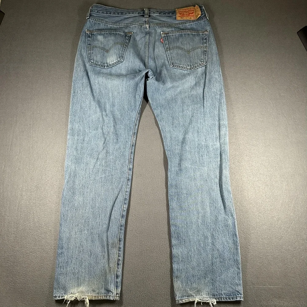 Levis 501 Jeans Mens 34x32 Blue Straight Leg Button Fly Regular Fit Denim Stains